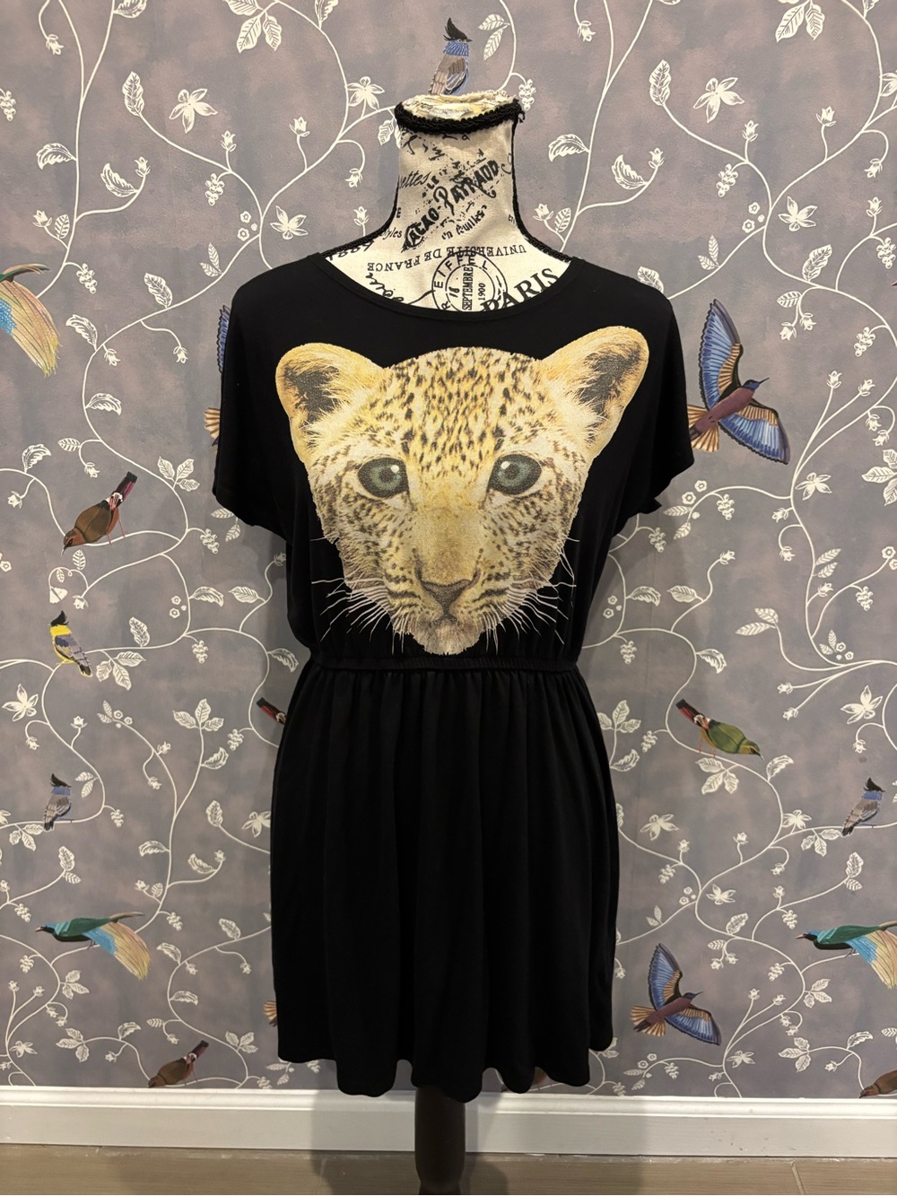 Vintage H&M Black Y2K  T-Shirt dress Leopard Face Short Dress women Small/Medium